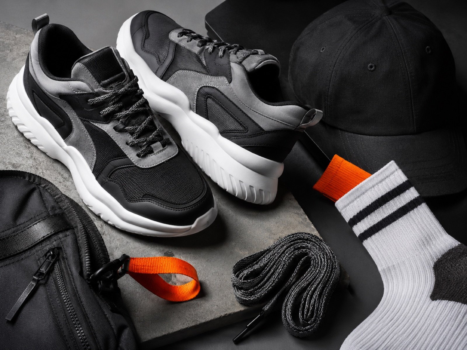 Close material samples from socks, laces, caps and bags