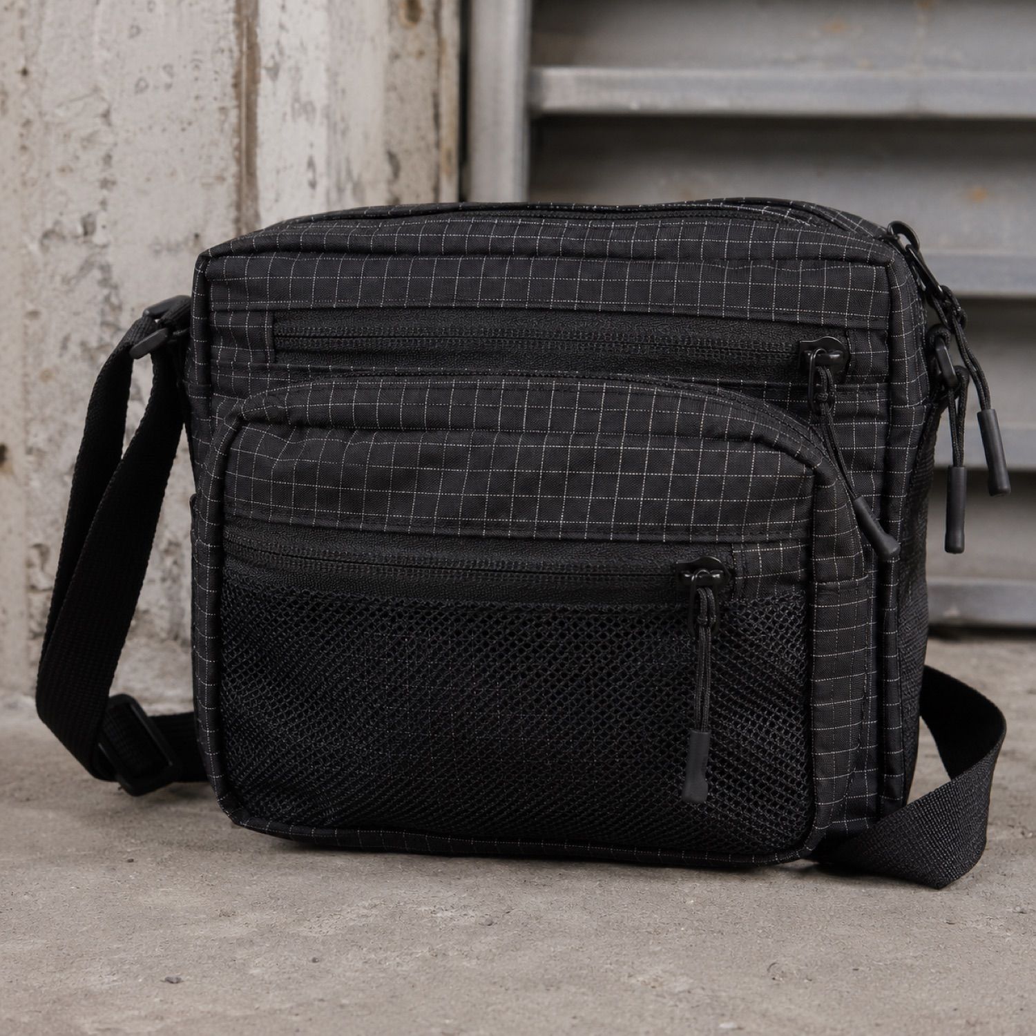 Slate zip utility bag — Crossbody Bags by SH SNEAKERS. laid flat, full length.